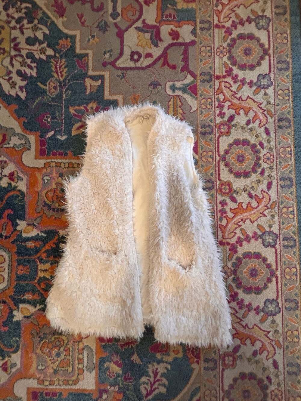Cato Cream Shaggy Faux Fur Open Front Vest w/ Pockets